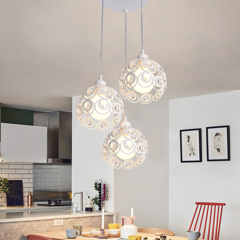 Dome Metal Cage Pendant Lamp Modern Crystal 1/3 Lights White/Black Hanging Light Fixture with Round/Linear Canopy 3 White Round Clearhalo 'Ceiling Lights' 'Modern Pendants' 'Modern' 'Pendant Lights' 'Pendants' Lighting' 125235