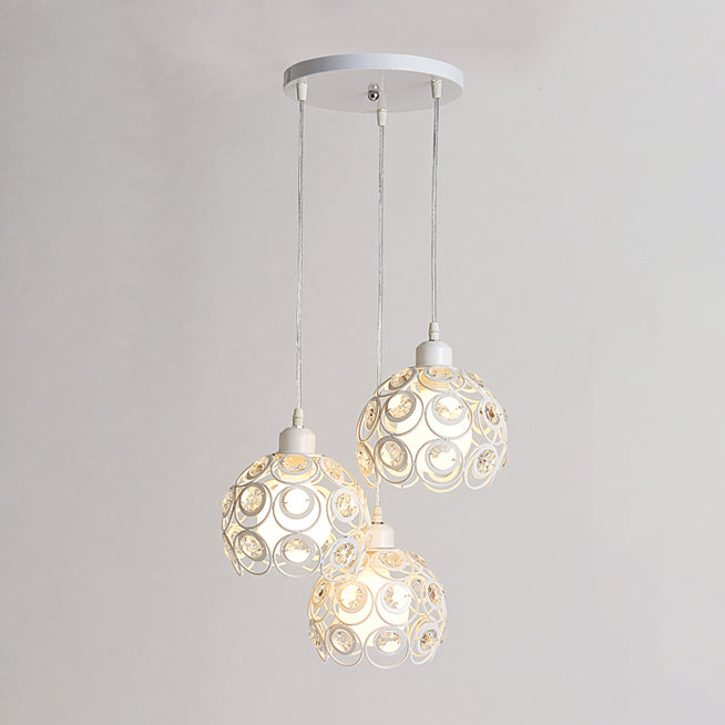 Dome Metal Cage Pendant Lamp Modern Crystal 1/3 Lights White/Black Hanging Light Fixture with Round/Linear Canopy Clearhalo 'Ceiling Lights' 'Modern Pendants' 'Modern' 'Pendant Lights' 'Pendants' Lighting' 125236