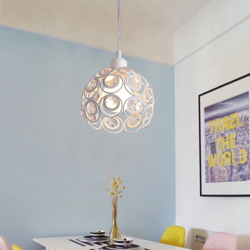 Dome Metal Cage Pendant Lamp Modern Crystal 1/3 Lights White/Black Hanging Light Fixture with Round/Linear Canopy 1 White Round Clearhalo 'Ceiling Lights' 'Modern Pendants' 'Modern' 'Pendant Lights' 'Pendants' Lighting' 125237