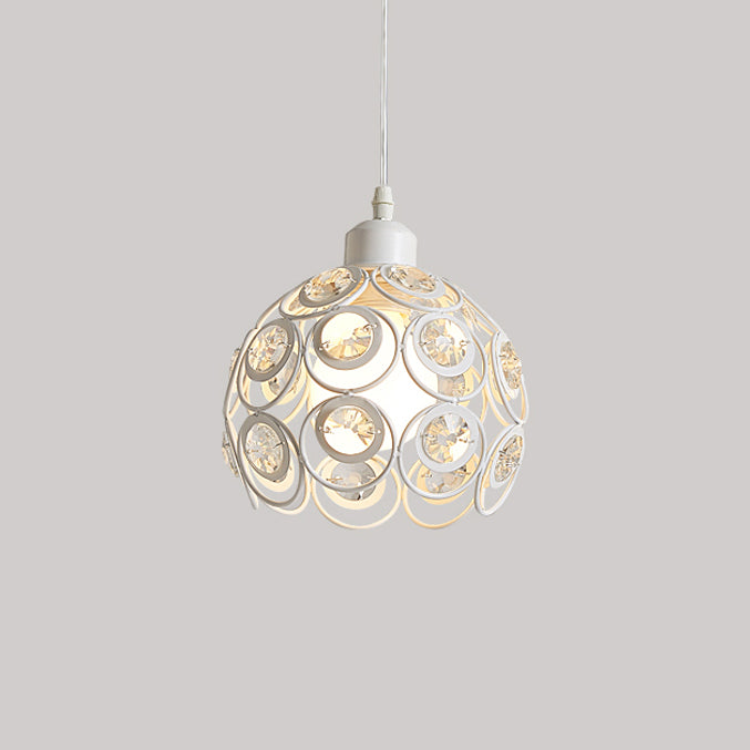 Dome Metal Cage Pendant Lamp Modern Crystal 1/3 Lights White/Black Hanging Light Fixture with Round/Linear Canopy Clearhalo 'Ceiling Lights' 'Modern Pendants' 'Modern' 'Pendant Lights' 'Pendants' Lighting' 125238