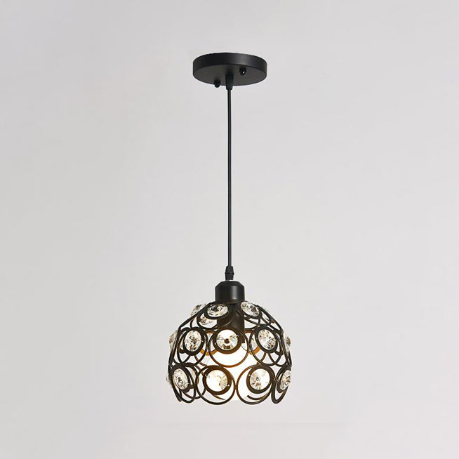 Dome Metal Cage Pendant Lamp Modern Crystal 1/3 Lights White/Black Hanging Light Fixture with Round/Linear Canopy 1 Black Round Clearhalo 'Ceiling Lights' 'Modern Pendants' 'Modern' 'Pendant Lights' 'Pendants' Lighting' 125239