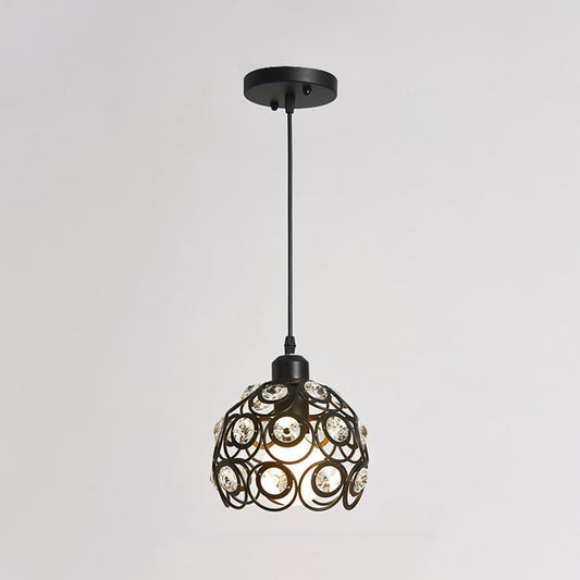 Dome Metal Cage Pendant Lamp Modern Crystal 1/3 Lights White/Black Hanging Light Fixture with Round/Linear Canopy 1 Black Round Clearhalo 'Ceiling Lights' 'Modern Pendants' 'Modern' 'Pendant Lights' 'Pendants' Lighting' 125239