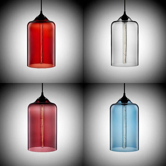 Cylinder Pendant Lighting Post Modern Glass 1 Light Red/Blue/Clear Hanging Light Clearhalo 'Ceiling Lights' 'Glass shade' 'Glass' 'Modern Pendants' 'Modern' 'Pendant Lights' 'Pendants' Lighting' 125430