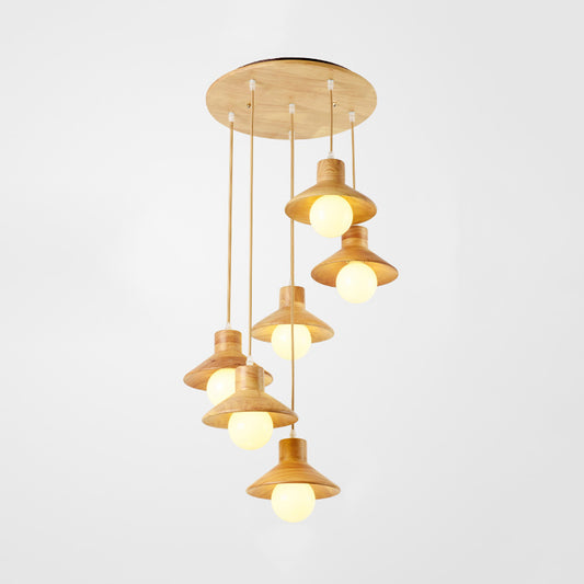 Coolie Shade Hanging Light with Linear/Round Canopy Modern Wooden Pendant Light in Beige for Kid Room 6 Wood Round Clearhalo 'Ceiling Lights' 'Modern Pendants' 'Modern' 'Pendant Lights' 'Pendants' Lighting' 125809