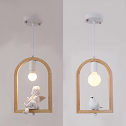 Arch Shelf Stairway Pendant Lamp with Pigeon Deco Wood Modern Style Hanging Light in Beige Clearhalo 'Ceiling Lights' 'Modern Pendants' 'Modern' 'Pendant Lights' 'Pendants' Lighting' 125812