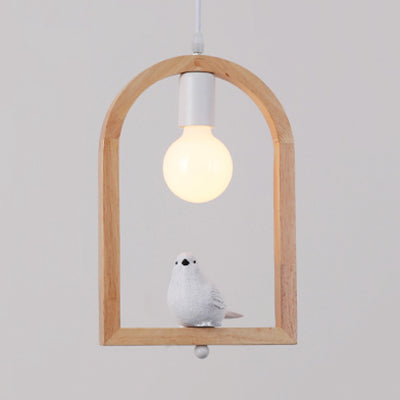 Arch Shelf Stairway Pendant Lamp with Pigeon Deco Wood Modern Style Hanging Light in Beige Wood Bird Clearhalo 'Ceiling Lights' 'Modern Pendants' 'Modern' 'Pendant Lights' 'Pendants' Lighting' 125813