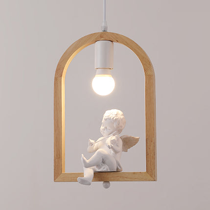 Arch Shelf Stairway Pendant Lamp with Pigeon Deco Wood Modern Style Hanging Light in Beige Wood Angel Clearhalo 'Ceiling Lights' 'Modern Pendants' 'Modern' 'Pendant Lights' 'Pendants' Lighting' 125816