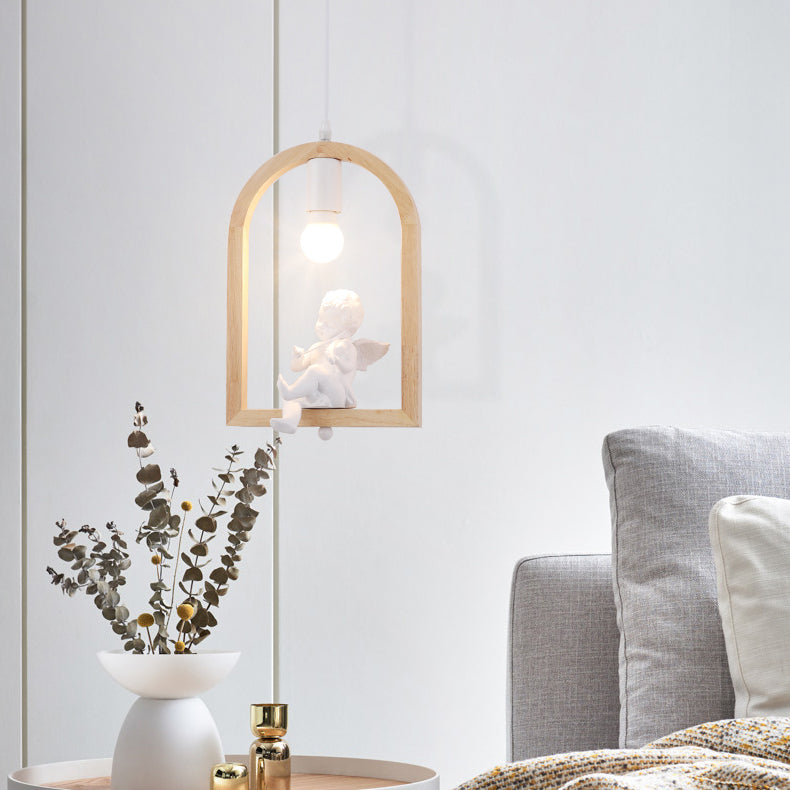 Arch Shelf Stairway Pendant Lamp with Pigeon Deco Wood Modern Style Hanging Light in Beige Clearhalo 'Ceiling Lights' 'Modern Pendants' 'Modern' 'Pendant Lights' 'Pendants' Lighting' 125817