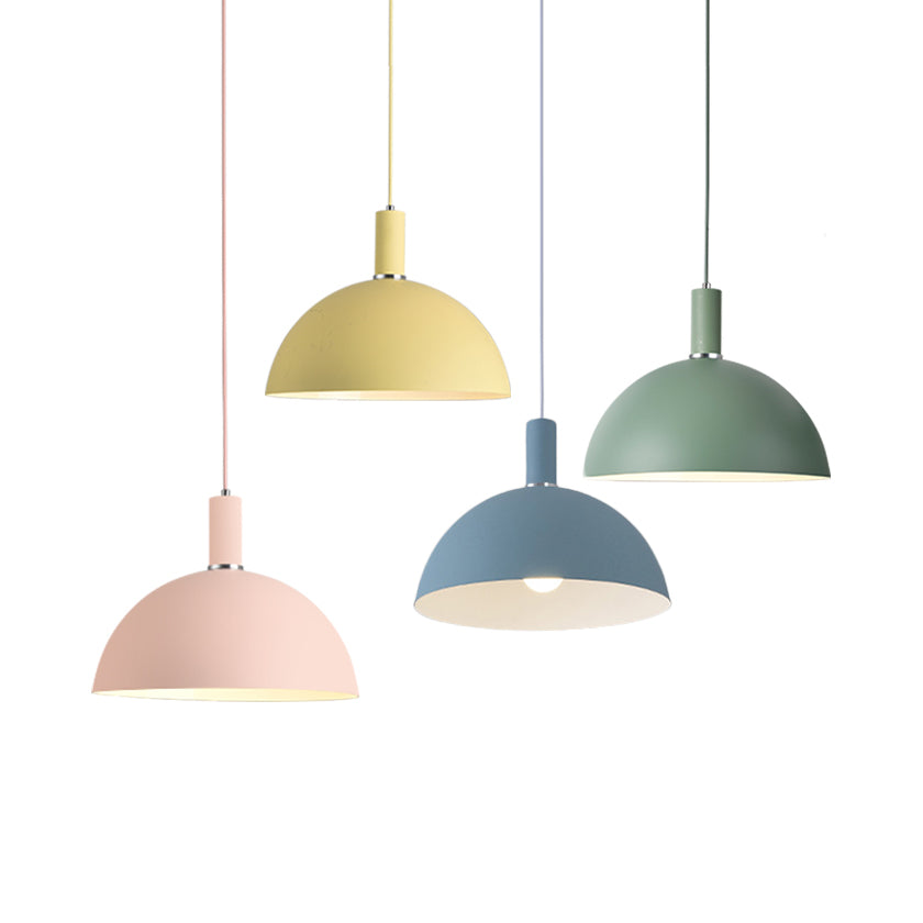 Living Room Dome Suspension Light Aluminum 1 Bulb Macaron Candy Colored Pendant Lamp in Blue/Green/Yellow/Pink Clearhalo 'Ceiling Lights' 'Modern Pendants' 'Modern' 'Pendant Lights' 'Pendants' Lighting' 125937