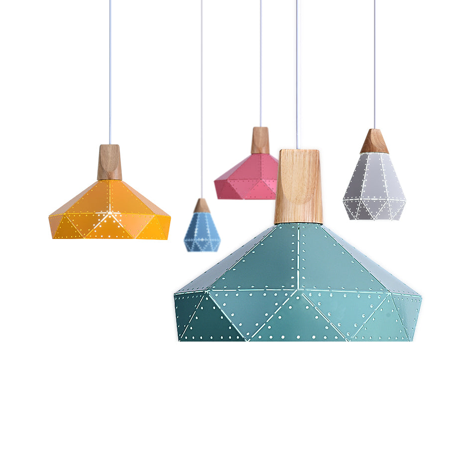 Restaurant Diamond Shaped Ceiling Light Metal & Wood Macaron Style Blue/Green/Pink/Yellow Pendant Lighting Clearhalo 'Ceiling Lights' 'Modern Pendants' 'Modern' 'Pendant Lights' 'Pendants' Lighting' 126132