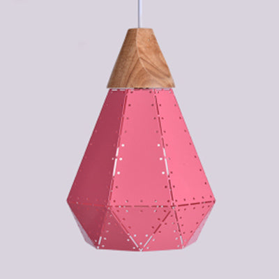 Restaurant Diamond Shaped Ceiling Light Metal & Wood Macaron Style Blue/Green/Pink/Yellow Pendant Lighting Pink 8.5" Clearhalo 'Ceiling Lights' 'Modern Pendants' 'Modern' 'Pendant Lights' 'Pendants' Lighting' 126133