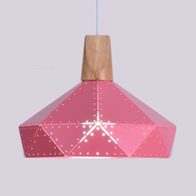 Restaurant Diamond Shaped Ceiling Light Metal & Wood Macaron Style Blue/Green/Pink/Yellow Pendant Lighting Pink 12" Clearhalo 'Ceiling Lights' 'Modern Pendants' 'Modern' 'Pendant Lights' 'Pendants' Lighting' 126135