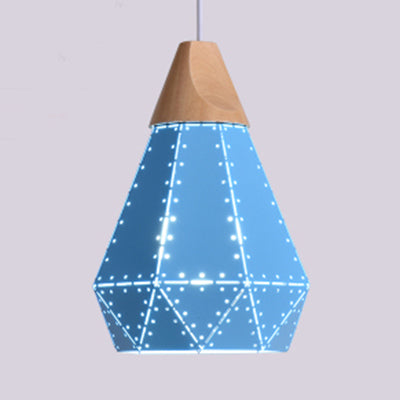 Restaurant Diamond Shaped Ceiling Light Metal & Wood Macaron Style Blue/Green/Pink/Yellow Pendant Lighting Blue 8.5" Clearhalo 'Ceiling Lights' 'Modern Pendants' 'Modern' 'Pendant Lights' 'Pendants' Lighting' 126140