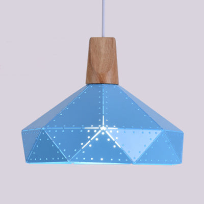 Restaurant Diamond Shaped Ceiling Light Metal & Wood Macaron Style Blue/Green/Pink/Yellow Pendant Lighting Blue 12" Clearhalo 'Ceiling Lights' 'Modern Pendants' 'Modern' 'Pendant Lights' 'Pendants' Lighting' 126141