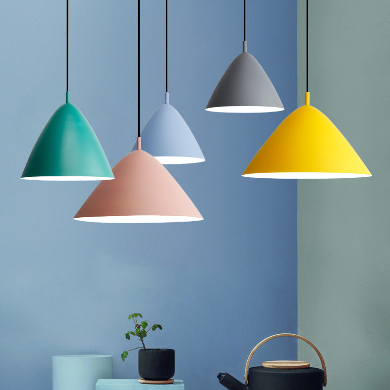 Nordic Candy Colored Pendant Fixture Pyramid Shade 10.5/13/16 Inch Wide One Light Aluminum Hanging Light for Cafe Clearhalo 'Ceiling Lights' 'Modern Pendants' 'Modern' 'Pendant Lights' 'Pendants' Lighting' 126165