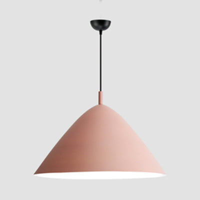 Nordic Candy Colored Pendant Fixture Pyramid Shade 10.5/13/16 Inch Wide One Light Aluminum Hanging Light for Cafe Pink 16" Clearhalo 'Ceiling Lights' 'Modern Pendants' 'Modern' 'Pendant Lights' 'Pendants' Lighting' 126168