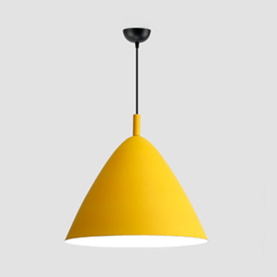 Nordic Candy Colored Pendant Fixture Pyramid Shade 10.5/13/16 Inch Wide One Light Aluminum Hanging Light for Cafe Yellow 10.5" Clearhalo 'Ceiling Lights' 'Modern Pendants' 'Modern' 'Pendant Lights' 'Pendants' Lighting' 126169