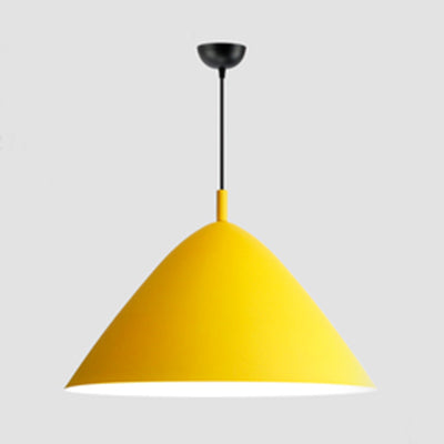 Nordic Candy Colored Pendant Fixture Pyramid Shade 10.5/13/16 Inch Wide One Light Aluminum Hanging Light for Cafe Yellow 16" Clearhalo 'Ceiling Lights' 'Modern Pendants' 'Modern' 'Pendant Lights' 'Pendants' Lighting' 126171