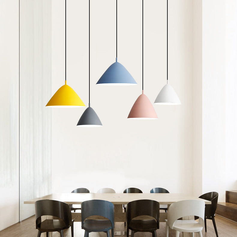 Nordic Candy Colored Pendant Fixture Pyramid Shade 10.5/13/16 Inch Wide One Light Aluminum Hanging Light for Cafe Clearhalo 'Ceiling Lights' 'Modern Pendants' 'Modern' 'Pendant Lights' 'Pendants' Lighting' 126175