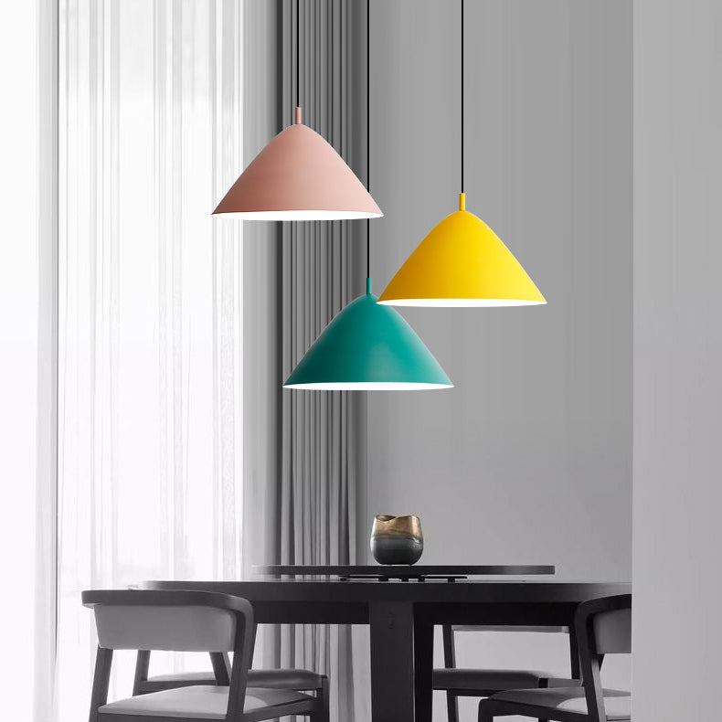 Nordic Candy Colored Pendant Fixture Pyramid Shade 10.5/13/16 Inch Wide One Light Aluminum Hanging Light for Cafe Clearhalo 'Ceiling Lights' 'Modern Pendants' 'Modern' 'Pendant Lights' 'Pendants' Lighting' 126176