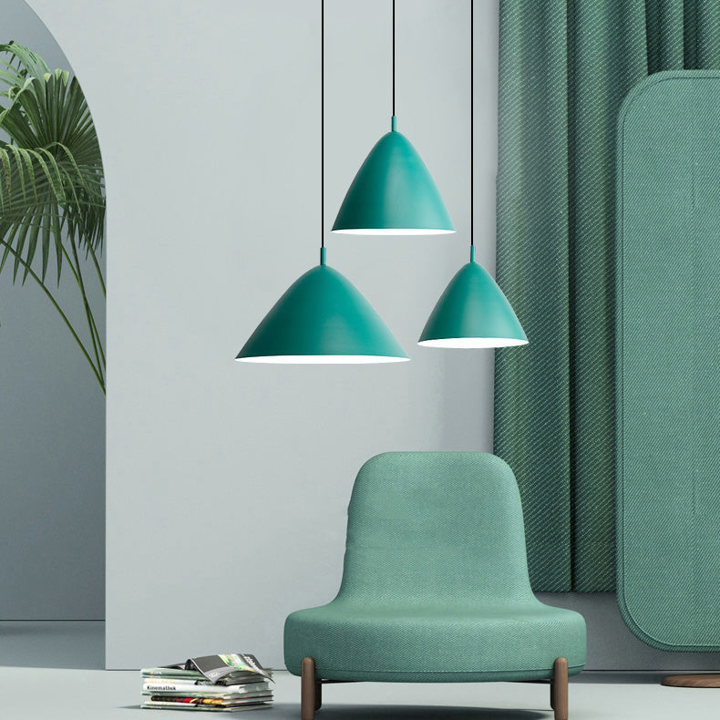 Nordic Candy Colored Pendant Fixture Pyramid Shade 10.5/13/16 Inch Wide One Light Aluminum Hanging Light for Cafe Clearhalo 'Ceiling Lights' 'Modern Pendants' 'Modern' 'Pendant Lights' 'Pendants' Lighting' 126180