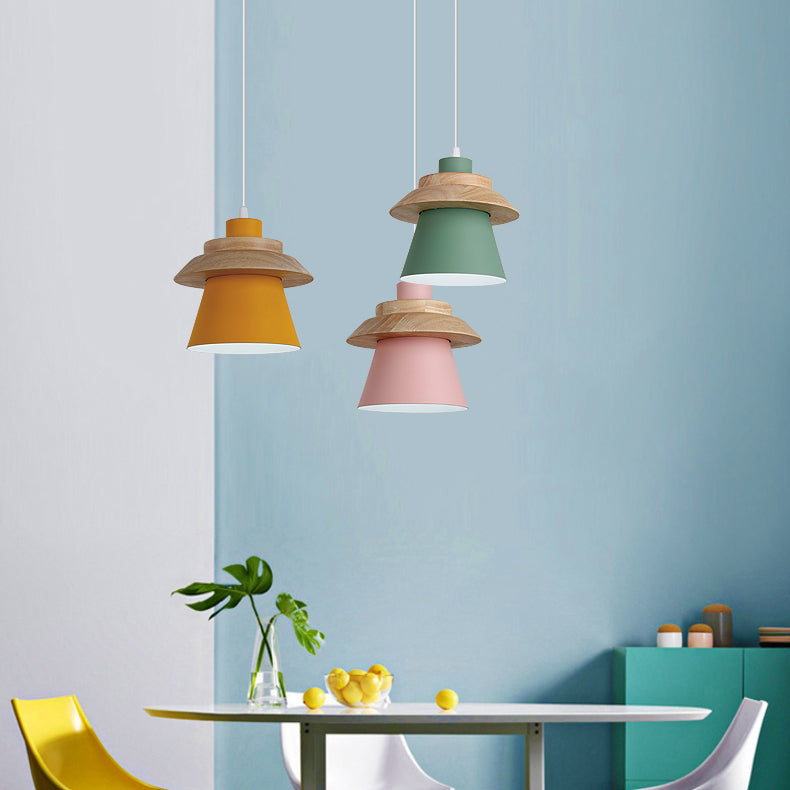 Coolie Shade Stairway Hanging Light with Wood Deco Metal 1 Light Asian Style Pendant Light Clearhalo 'Ceiling Lights' 'Modern Pendants' 'Modern' 'Pendant Lights' 'Pendants' Lighting' 126197