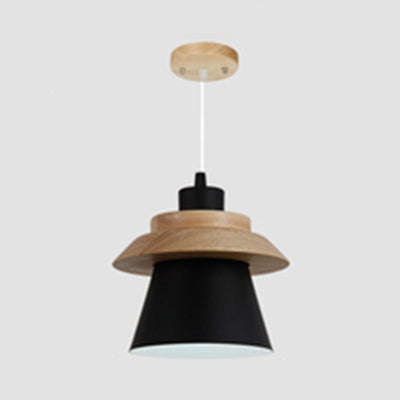 Coolie Shade Stairway Hanging Light with Wood Deco Metal 1 Light Asian Style Pendant Light Black Clearhalo 'Ceiling Lights' 'Modern Pendants' 'Modern' 'Pendant Lights' 'Pendants' Lighting' 126200