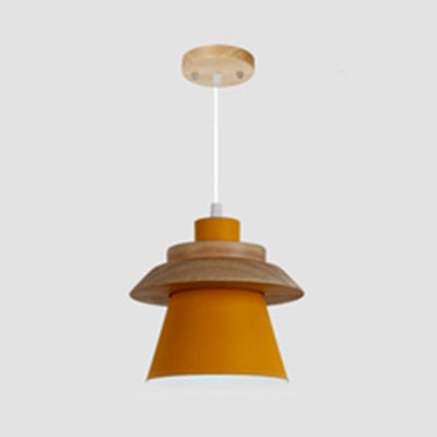 Coolie Shade Stairway Hanging Light with Wood Deco Metal 1 Light Asian Style Pendant Light Yellow Clearhalo 'Ceiling Lights' 'Modern Pendants' 'Modern' 'Pendant Lights' 'Pendants' Lighting' 126203