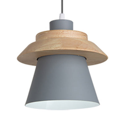 Coolie Shade Stairway Hanging Light with Wood Deco Metal 1 Light Asian Style Pendant Light Grey Clearhalo 'Ceiling Lights' 'Modern Pendants' 'Modern' 'Pendant Lights' 'Pendants' Lighting' 126205