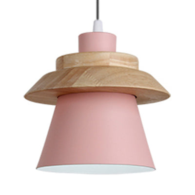 Coolie Shade Stairway Hanging Light with Wood Deco Metal 1 Light Asian Style Pendant Light Pink Clearhalo 'Ceiling Lights' 'Modern Pendants' 'Modern' 'Pendant Lights' 'Pendants' Lighting' 126207