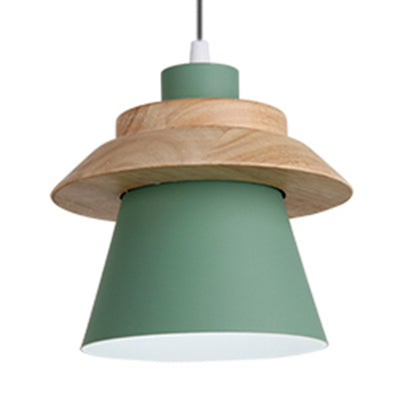 Coolie Shade Stairway Hanging Light with Wood Deco Metal 1 Light Asian Style Pendant Light Green Clearhalo 'Ceiling Lights' 'Modern Pendants' 'Modern' 'Pendant Lights' 'Pendants' Lighting' 126209