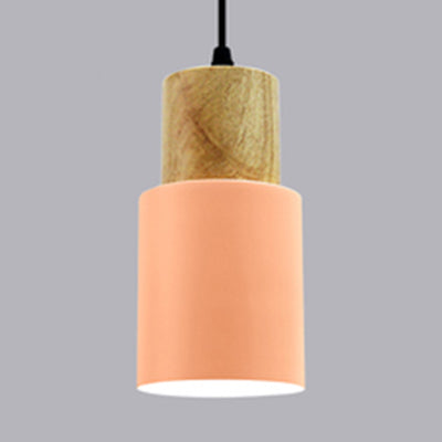 Metal & Wood Cylindrical Hanging Lamp Office Hallway 1 Light Modern Small Pendant Light Pink Clearhalo 'Ceiling Lights' 'Modern Pendants' 'Modern' 'Pendant Lights' 'Pendants' Lighting' 126219