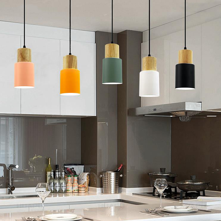 Metal & Wood Cylindrical Hanging Lamp Office Hallway 1 Light Modern Small Pendant Light Clearhalo 'Ceiling Lights' 'Modern Pendants' 'Modern' 'Pendant Lights' 'Pendants' Lighting' 126224