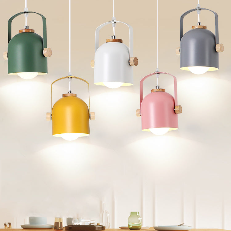 1 Light Cup Pendant Light with Handle Macaron Loft Aluminum Hanging Light in Grey/Green/Pink/White/Yellow for Restaurant Hotel Clearhalo 'Ceiling Lights' 'Modern Pendants' 'Modern' 'Pendant Lights' 'Pendants' Lighting' 126285