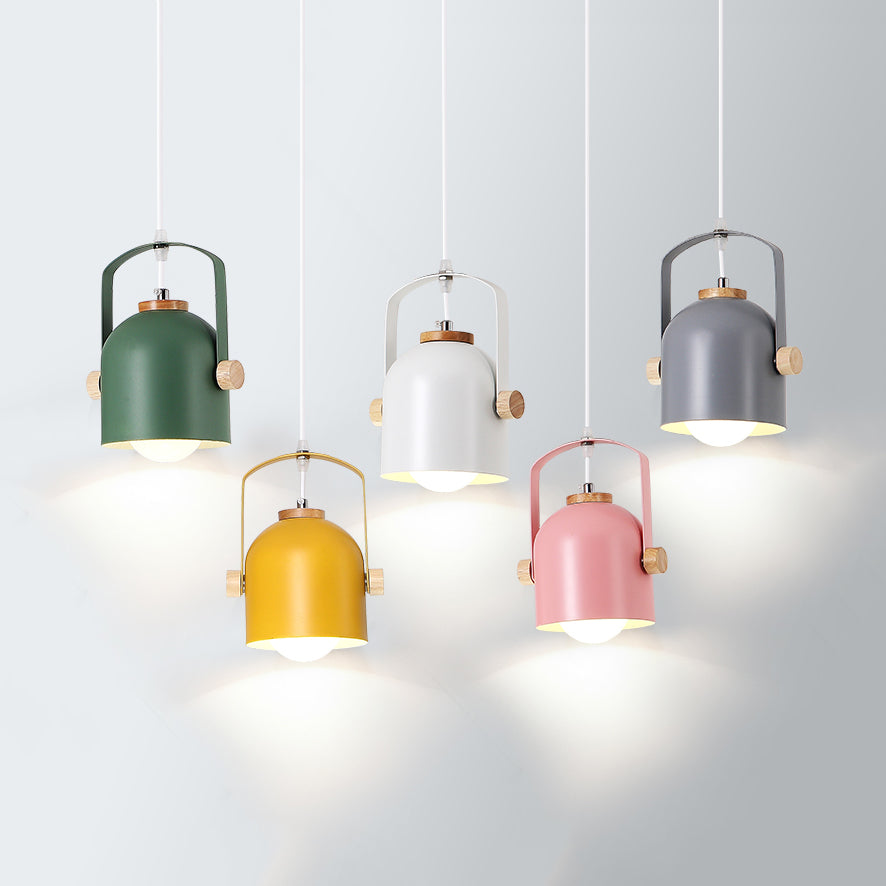 1 Light Cup Pendant Light with Handle Macaron Loft Aluminum Hanging Light in Grey/Green/Pink/White/Yellow for Restaurant Hotel Clearhalo 'Ceiling Lights' 'Modern Pendants' 'Modern' 'Pendant Lights' 'Pendants' Lighting' 126286