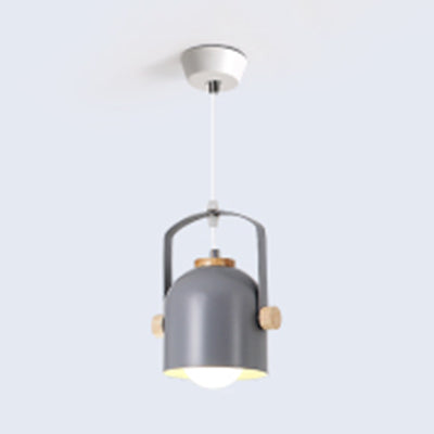 1 Light Cup Pendant Light with Handle Macaron Loft Aluminum Hanging Light in Grey/Green/Pink/White/Yellow for Restaurant Hotel Grey Clearhalo 'Ceiling Lights' 'Modern Pendants' 'Modern' 'Pendant Lights' 'Pendants' Lighting' 126289