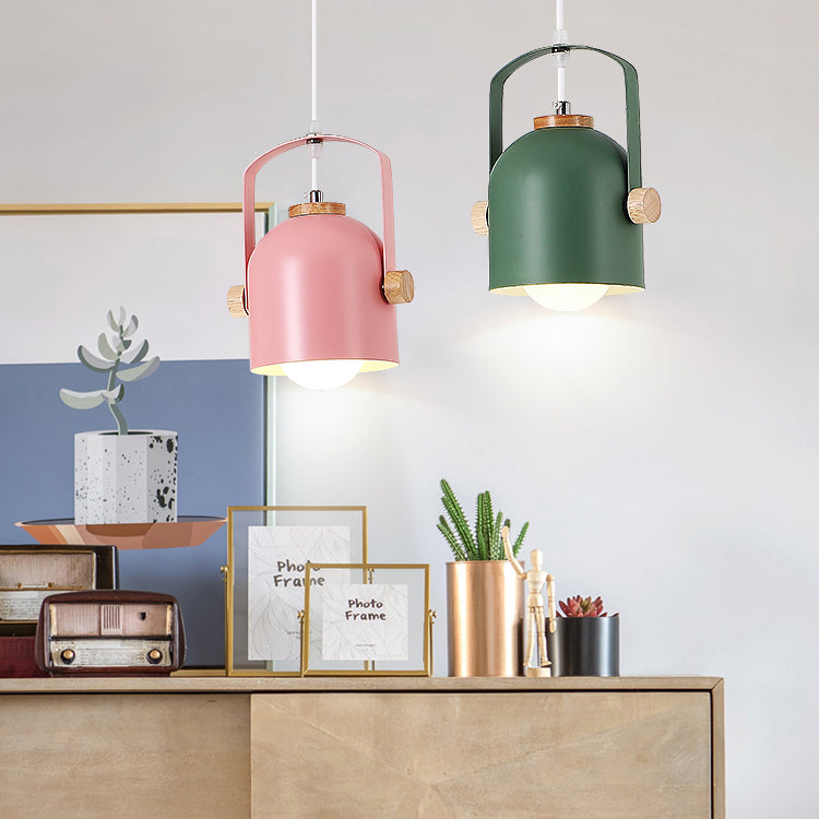 1 Light Cup Pendant Light with Handle Macaron Loft Aluminum Hanging Light in Grey/Green/Pink/White/Yellow for Restaurant Hotel Clearhalo 'Ceiling Lights' 'Modern Pendants' 'Modern' 'Pendant Lights' 'Pendants' Lighting' 126290