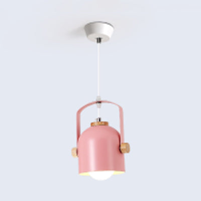 1 Light Cup Pendant Light with Handle Macaron Loft Aluminum Hanging Light in Grey/Green/Pink/White/Yellow for Restaurant Hotel Pink Clearhalo 'Ceiling Lights' 'Modern Pendants' 'Modern' 'Pendant Lights' 'Pendants' Lighting' 126291