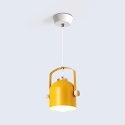 1 Light Cup Pendant Light with Handle Macaron Loft Aluminum Hanging Light in Grey/Green/Pink/White/Yellow for Restaurant Hotel Yellow Clearhalo 'Ceiling Lights' 'Modern Pendants' 'Modern' 'Pendant Lights' 'Pendants' Lighting' 126293