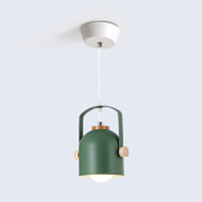 1 Light Cup Pendant Light with Handle Macaron Loft Aluminum Hanging Light in Grey/Green/Pink/White/Yellow for Restaurant Hotel Green Clearhalo 'Ceiling Lights' 'Modern Pendants' 'Modern' 'Pendant Lights' 'Pendants' Lighting' 126294