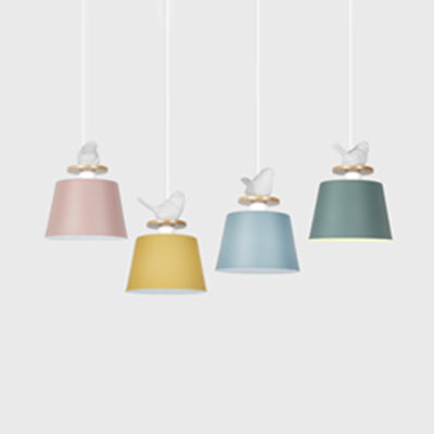 Aluminum Bucket Shade Hanging Light with Bird Deco 1 Bulb Macaron Pendant Lamp for Kid Bedroom Clearhalo 'Ceiling Lights' 'Modern Pendants' 'Modern' 'Pendant Lights' 'Pendants' Lighting' 126304