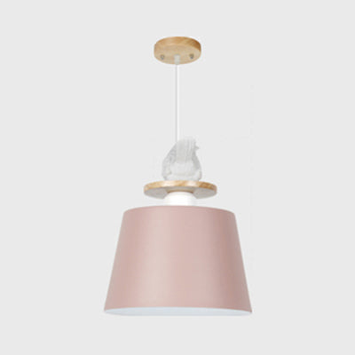 Aluminum Bucket Shade Hanging Light with Bird Deco 1 Bulb Macaron Pendant Lamp for Kid Bedroom Pink Clearhalo 'Ceiling Lights' 'Modern Pendants' 'Modern' 'Pendant Lights' 'Pendants' Lighting' 126306