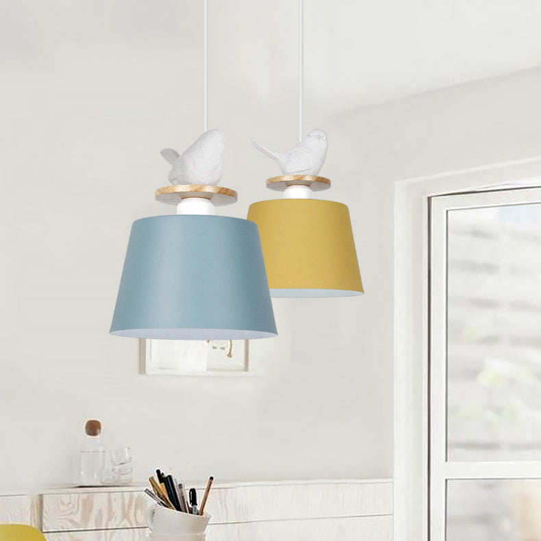 Aluminum Bucket Shade Hanging Light with Bird Deco 1 Bulb Macaron Pendant Lamp for Kid Bedroom Clearhalo 'Ceiling Lights' 'Modern Pendants' 'Modern' 'Pendant Lights' 'Pendants' Lighting' 126307