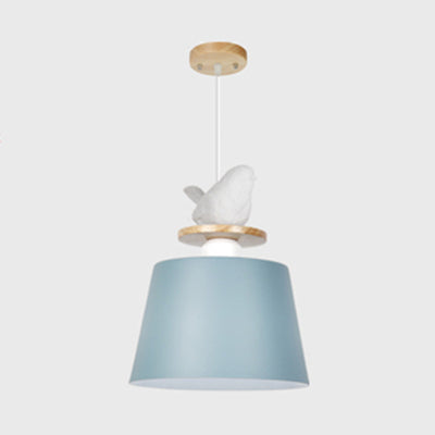 Aluminum Bucket Shade Hanging Light with Bird Deco 1 Bulb Macaron Pendant Lamp for Kid Bedroom Blue Clearhalo 'Ceiling Lights' 'Modern Pendants' 'Modern' 'Pendant Lights' 'Pendants' Lighting' 126308