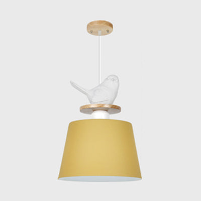 Aluminum Bucket Shade Hanging Light with Bird Deco 1 Bulb Macaron Pendant Lamp for Kid Bedroom Yellow Clearhalo 'Ceiling Lights' 'Modern Pendants' 'Modern' 'Pendant Lights' 'Pendants' Lighting' 126309