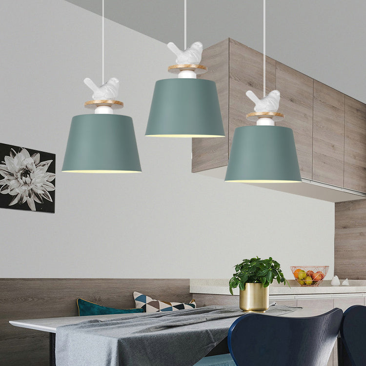 Aluminum Bucket Shade Hanging Light with Bird Deco 1 Bulb Macaron Pendant Lamp for Kid Bedroom Clearhalo 'Ceiling Lights' 'Modern Pendants' 'Modern' 'Pendant Lights' 'Pendants' Lighting' 126310