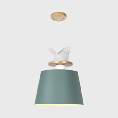 Aluminum Bucket Shade Hanging Light with Bird Deco 1 Bulb Macaron Pendant Lamp for Kid Bedroom Green Clearhalo 'Ceiling Lights' 'Modern Pendants' 'Modern' 'Pendant Lights' 'Pendants' Lighting' 126311