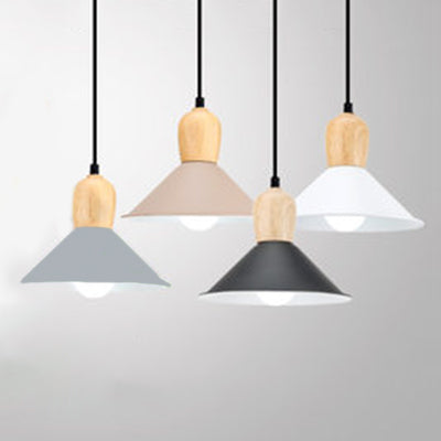 Metal Cone Pendant Light with Wooden Bulb Base 1 Head Nordic Style Hanging Light for Office Clearhalo 'Ceiling Lights' 'Modern Pendants' 'Modern' 'Pendant Lights' 'Pendants' Lighting' 126844