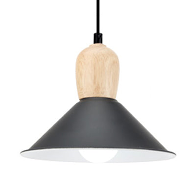 Metal Cone Pendant Light with Wooden Bulb Base 1 Head Nordic Style Hanging Light for Office Black Clearhalo 'Ceiling Lights' 'Modern Pendants' 'Modern' 'Pendant Lights' 'Pendants' Lighting' 126845