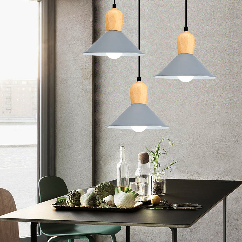 Metal Cone Pendant Light with Wooden Bulb Base 1 Head Nordic Style Hanging Light for Office Clearhalo 'Ceiling Lights' 'Modern Pendants' 'Modern' 'Pendant Lights' 'Pendants' Lighting' 126847